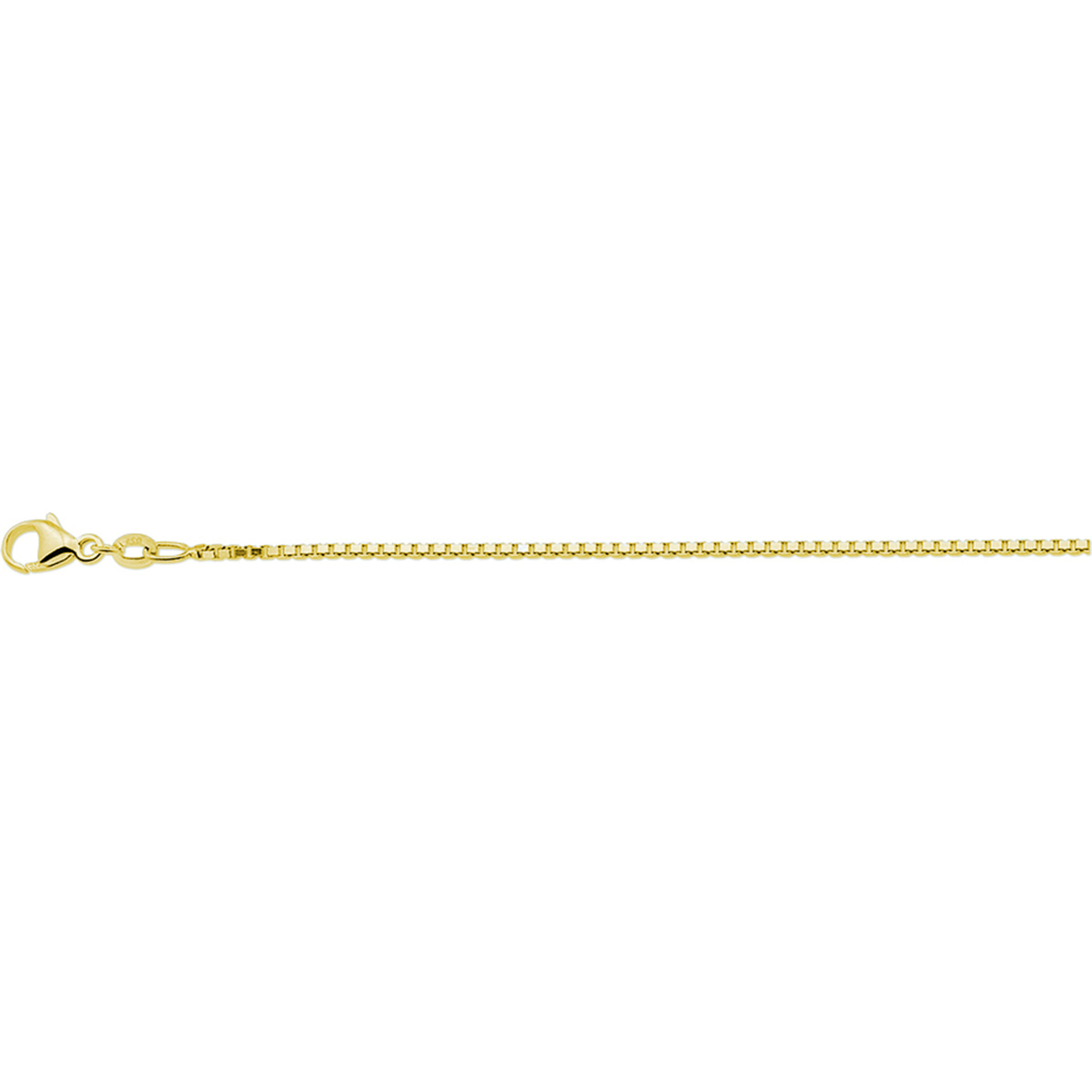 Geelgoud op 925 zilveren collier met een schakelbreedte van 1.3mm. Het collier heeft een draaglengte van 41cm en een extensie van 4cm. Uitgevoerd met een karabijn sluiting. Geen garantie op plating.