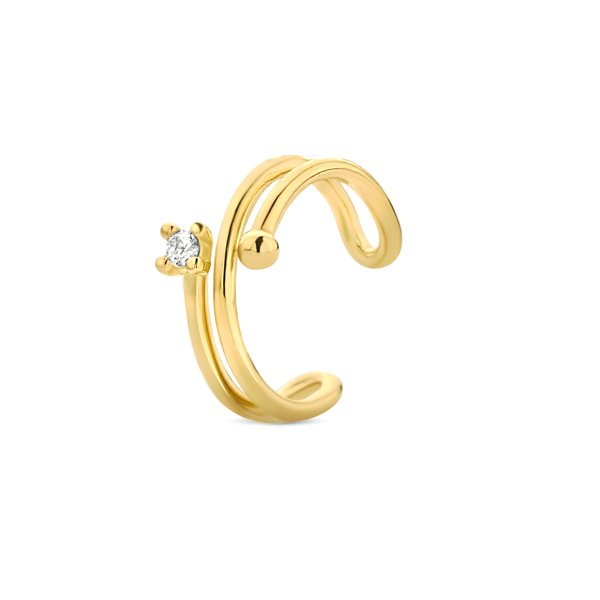 14k Geelgouden earcuff uitgevoerd met een schitterende zirkonia. De earcuff heeft een afmeting van 11x6mm en wordt per stuk verkocht.