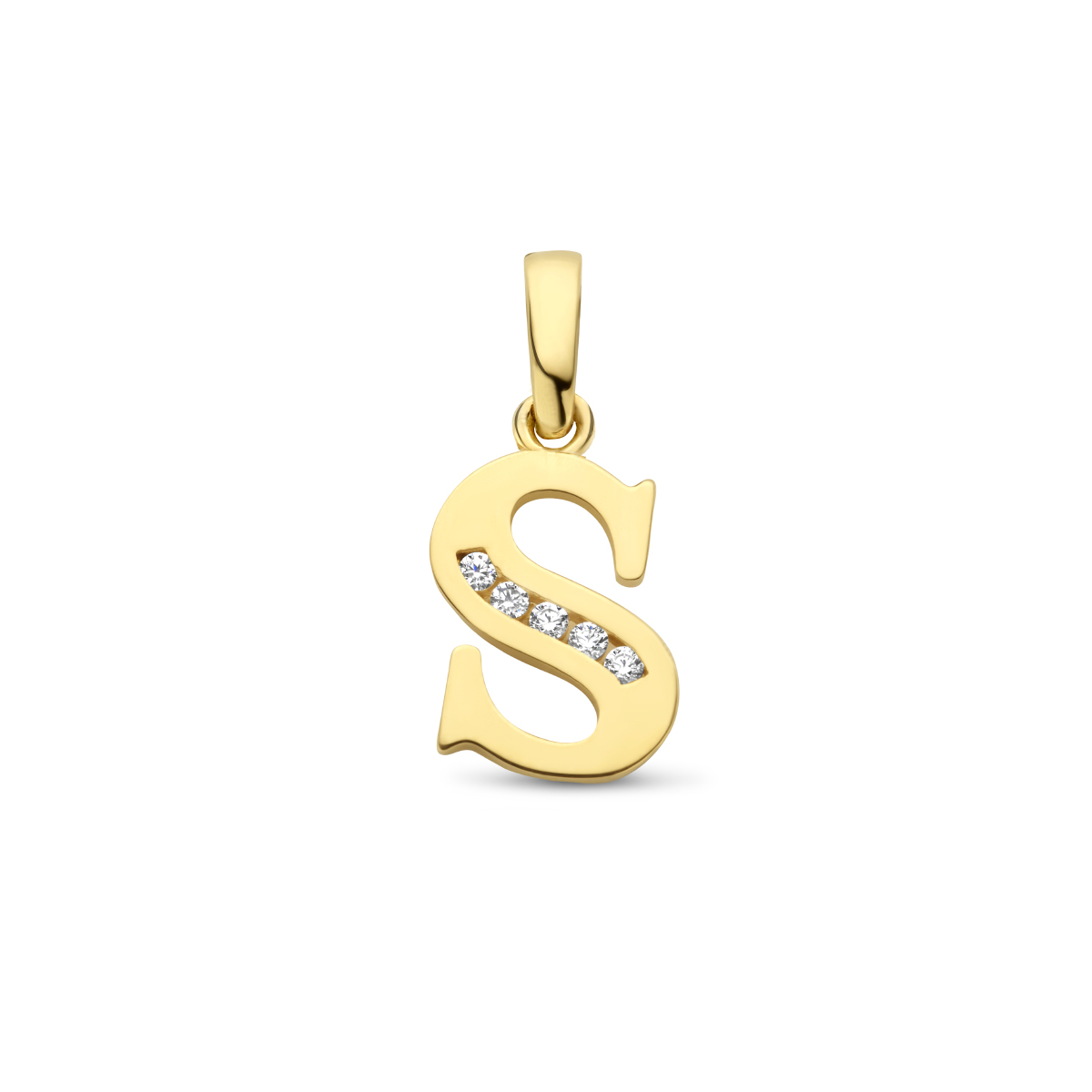 14k Geelgouden hanger in de vorm van een letter S. Uitgevoerd met heldere zirkonia.