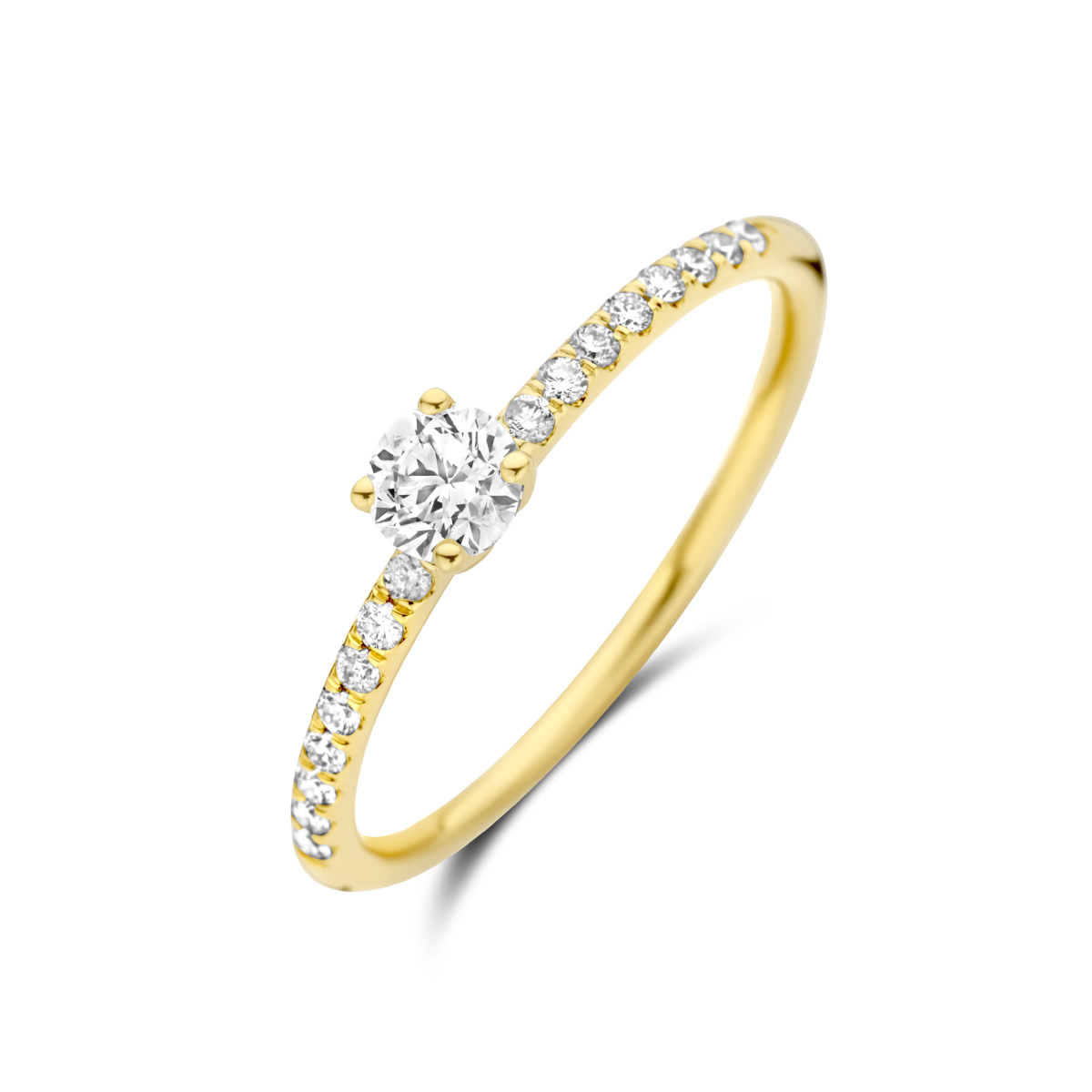 14k Geelgouden ring uitgevoerd met schitterende diamanten. De ring heeft een breedte van 4mm en het diamantgewicht is 0.40ct. De solitair diamant heeft een diamantgewicht van 0.25ct.