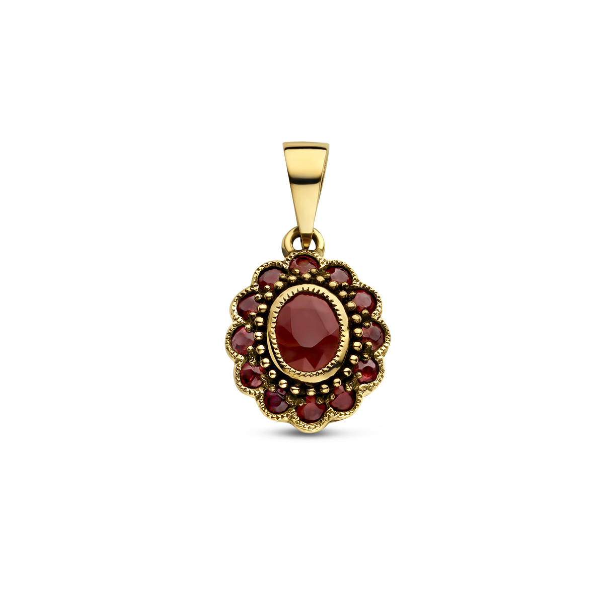 14k Geelgouden hanger uitgevoerd met robijn. De hanger heeft een totale hoogte van 18mm.