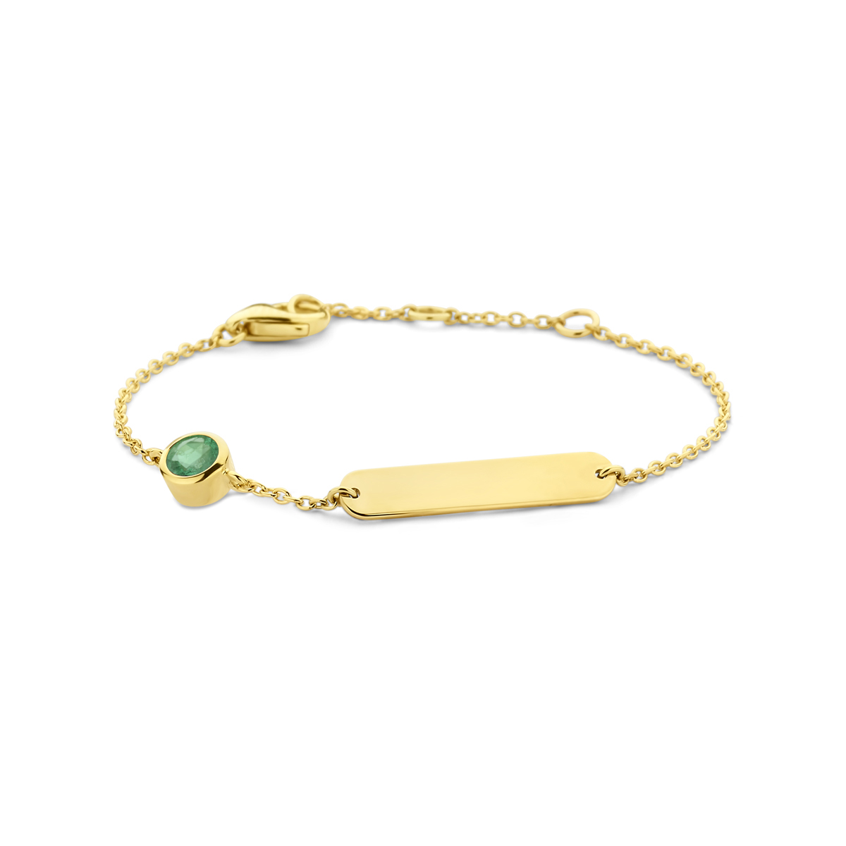 14k Geelgouden graveerarmband uitgevoerd met een schitterende kleursteen. De armband heeft draaglengtes van 11-12-13cm. De schakelbreedte is 1.2mm. De graveerplaat heeft een afmeting van 4x20mm en een dikte van 0.8mm.
