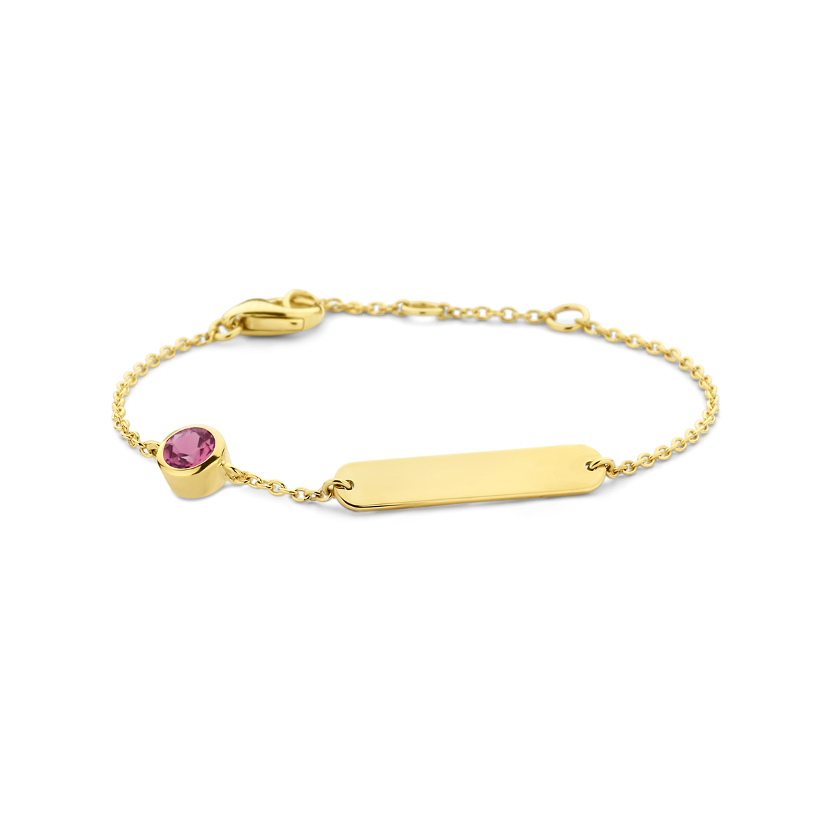 14k Geelgouden graveerarmband uitgevoerd met een schitterende kleursteen. De armband heeft draaglengtes van 11-12-13cm. De schakelbreedte is 1.2mm. De graveerplaat heeft een afmeting van 4x20mm en een dikte van 0.8mm.