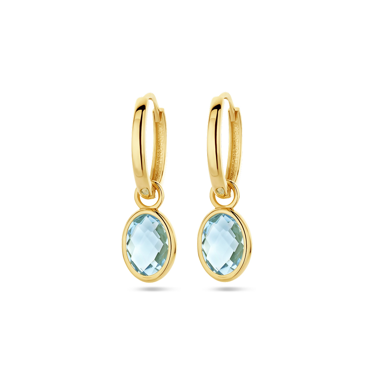 14k Geelgouden klapoorringen uitgevoerd met blauw topaas. De oorringen hebben een totale hoogte van 22mm.