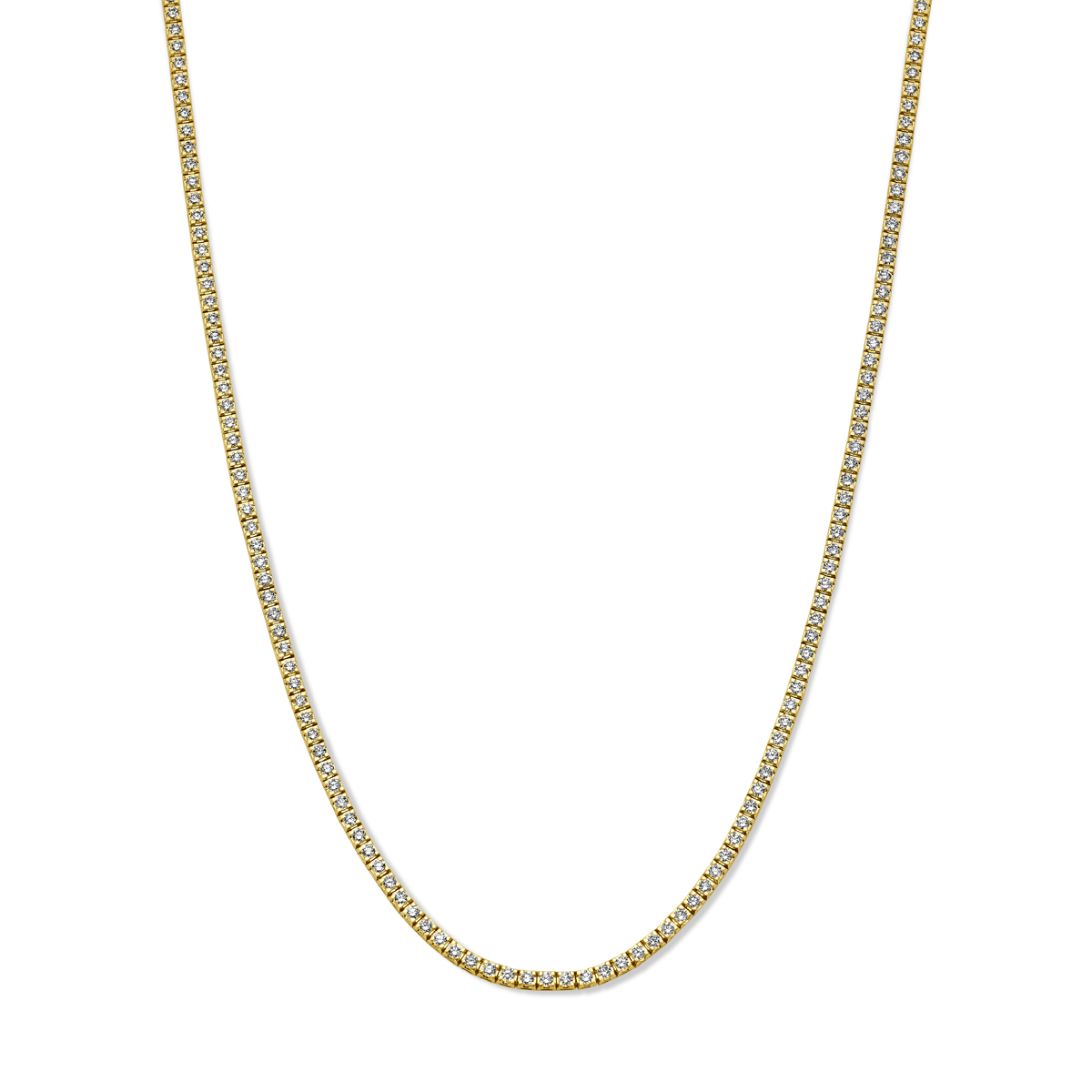 14k Geelgouden tenniscollier uitgevoerd diamanten. Het tenniscollier heeft een draaglengte van 42cm en een schakelbreedte van 3mm. Het diamantgewicht is 7.00ct.