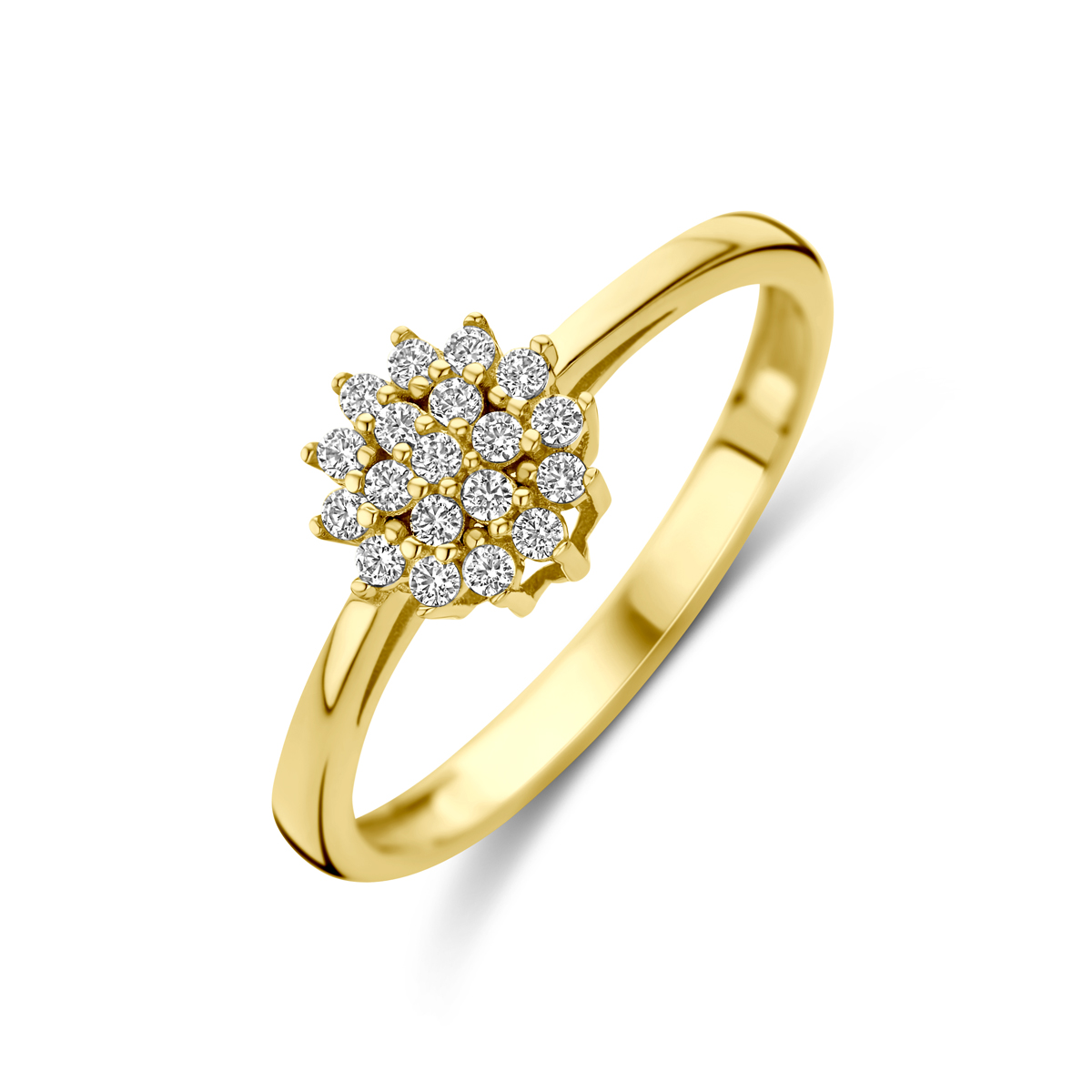 14k Geelgouden ring uitgevoerd met zirkonia. De ring heeft een breedte van 7.5mm.
