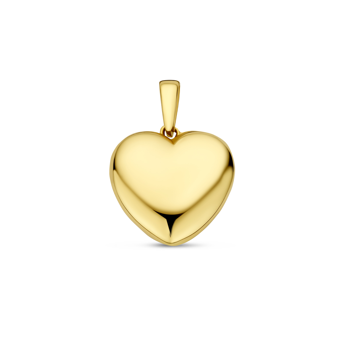 14k Geelgouden hanger uitgevoerd in de vorm van een hart. De hanger heeft een totale hoogte van 18mm.