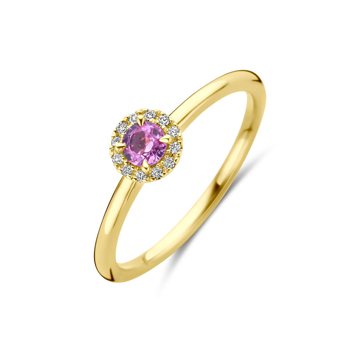 14k Geelgouden ring uitgevoerd met roze saffier en diamant. De ring heeft een breedte van 5.5mm. Het totale diamantgewicht is 0.04ct.
