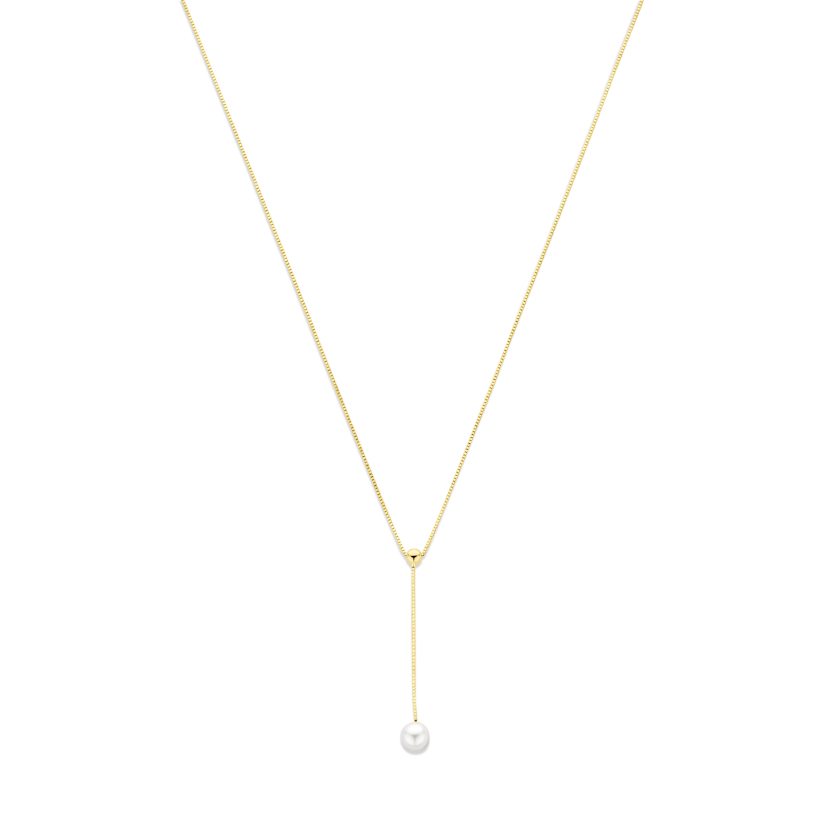 14k Geelgouden Y-collier uitgevoerd met zoetwaterparel. Het collier heeft draaglengtes van 42-45cm.