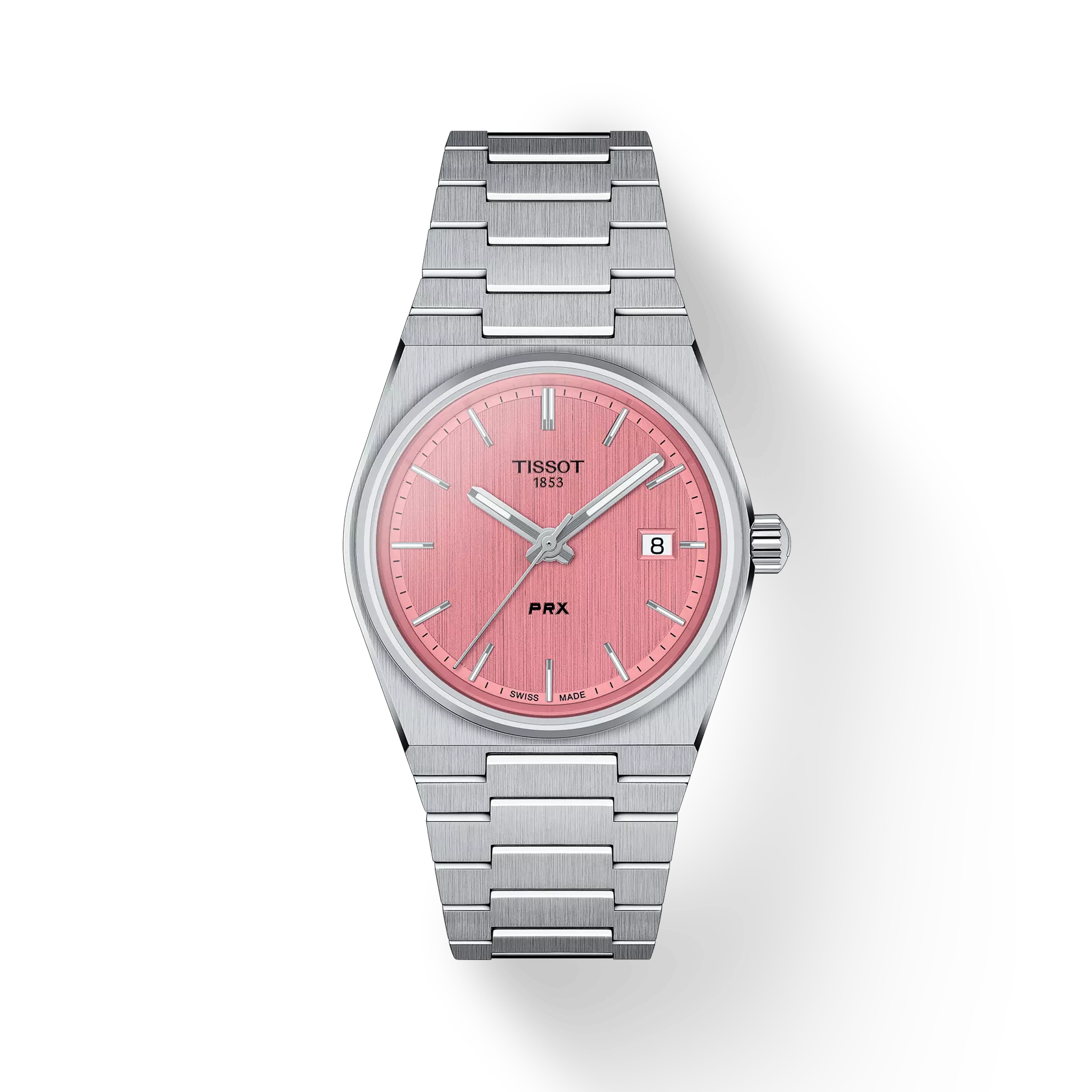 De Tissot PRX 35mm  is een stijlvolle polshorloge met een roestvrijstalen kast en band, roze wijzerplaat, en datumaanduiding. Met een tonneau vorm kast, saffierglas en waterdichtheid tot 100 meter. 

Diameter: 35 mm
316L roestvrijstalen behuizing
Zwitsers kwartsuurwerk
Krassbestendig saffierglas
Verwisselbare band met snelsluiting
