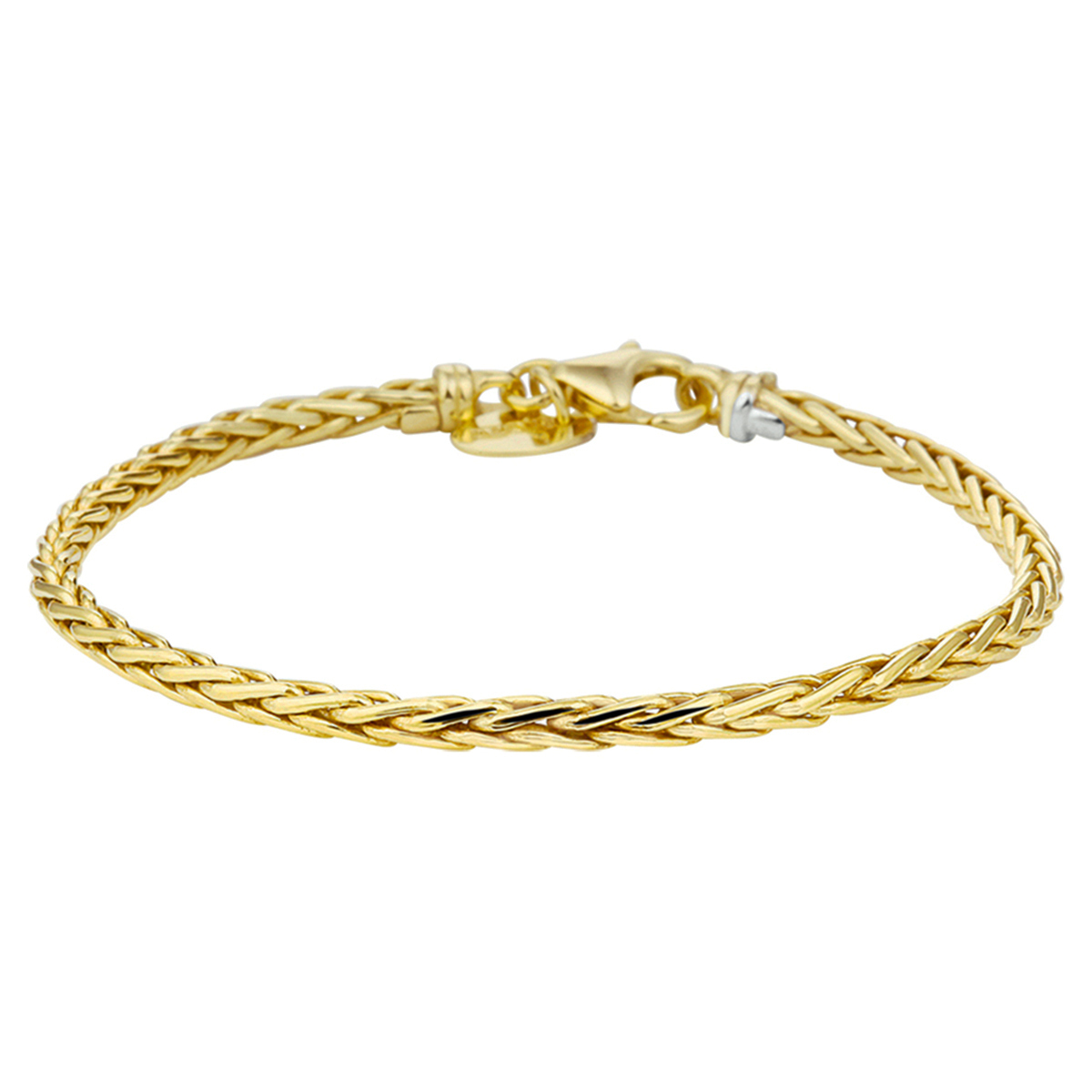 Beschrijving: Sieraden van 14 karaat goud met daarin een kern van 925 zilver. Geelgouden armband met vossestaart schakel. 
Doelgroep: dames
Breedte: 3 mm
Langste lengte: 18.5 cm