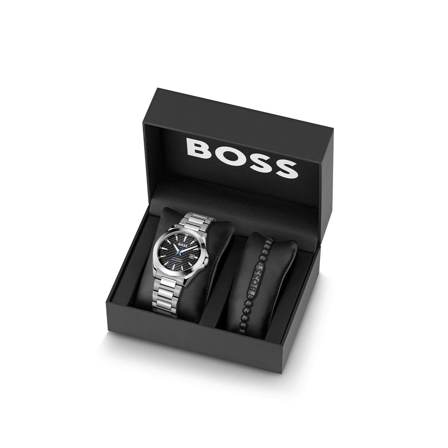 BOSS HB1570180 STRIKE B Giftset Herenhorloge 41mm en Armband
Deze giftset van BOSS uit de STRIKE serie met artikelnr: HB1570180 is leuk om te geven, maar ook leuk om te krijgen. Zeer geschikt cadeau voor de moderne stijlvolle man van nu. De set bestaat uit een herenhorloge die opvalt op door zijn stalen horlogekast met een gladde bezel en een zwarte bewerkte sunray wijzerplaat met een datum. Opvallend zijn de wijzers en uurstrepen die met lumibrite zijn ingelegd. Aan de kast zit een stalen mat glanzende schakelband met een vouwsluiting. Het horloge heeft een doorsnee van 41mm met een mineraalglas en is 5ATM. Tevens ontvang je bij de set een zwarte beads herenarmband van 19cm met zwarte magneetsluiting.

HET MERK:
HUGO BOSS is afgestemd op levensstijlen waar het gaat om kwaliteit en precisie. Het wereldwijde fashionlabel is verdeeld in twee merken: BOSS en HUGO. Het merk BOSS biedt geavanceerde, moderne horloges gericht op kwaliteit en design om een onberispelijke look te creëren – of het nu zakelijk, casual of sportief is. De horloge collectie van BOSS is perfect afgestemd op levensstijlen waar het gaat om kwaliteit en precisie. BOSS is op maat gemaakt in een onberispelijke stijl.

Blijf stijlvol bij de tijd. Voor de BOSS-vrouw is stijl het handelsmerk en draait alles om
details. Breng uw look naar een hoger niveau met onze nieuwe en kenmerkende horlogecollectie.

SPECIFICATIES:
- Mineraalglas
- Ronde kastvorm, Ø 41mm
- Stalen horlogekast
- Zwarte wijzerplaat
- Stalen schakelband
- 5ATM
- Zwarte beads herenarmband 19cm