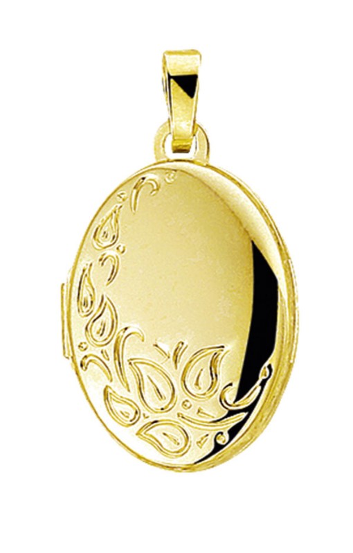14 Karaat geel gouden medaillion hanger ovaal met bloem motief beweerking. Speciaal gemaakt om een foto, as of haar te plaasten van uw dierbare. 28 x 18 mm.