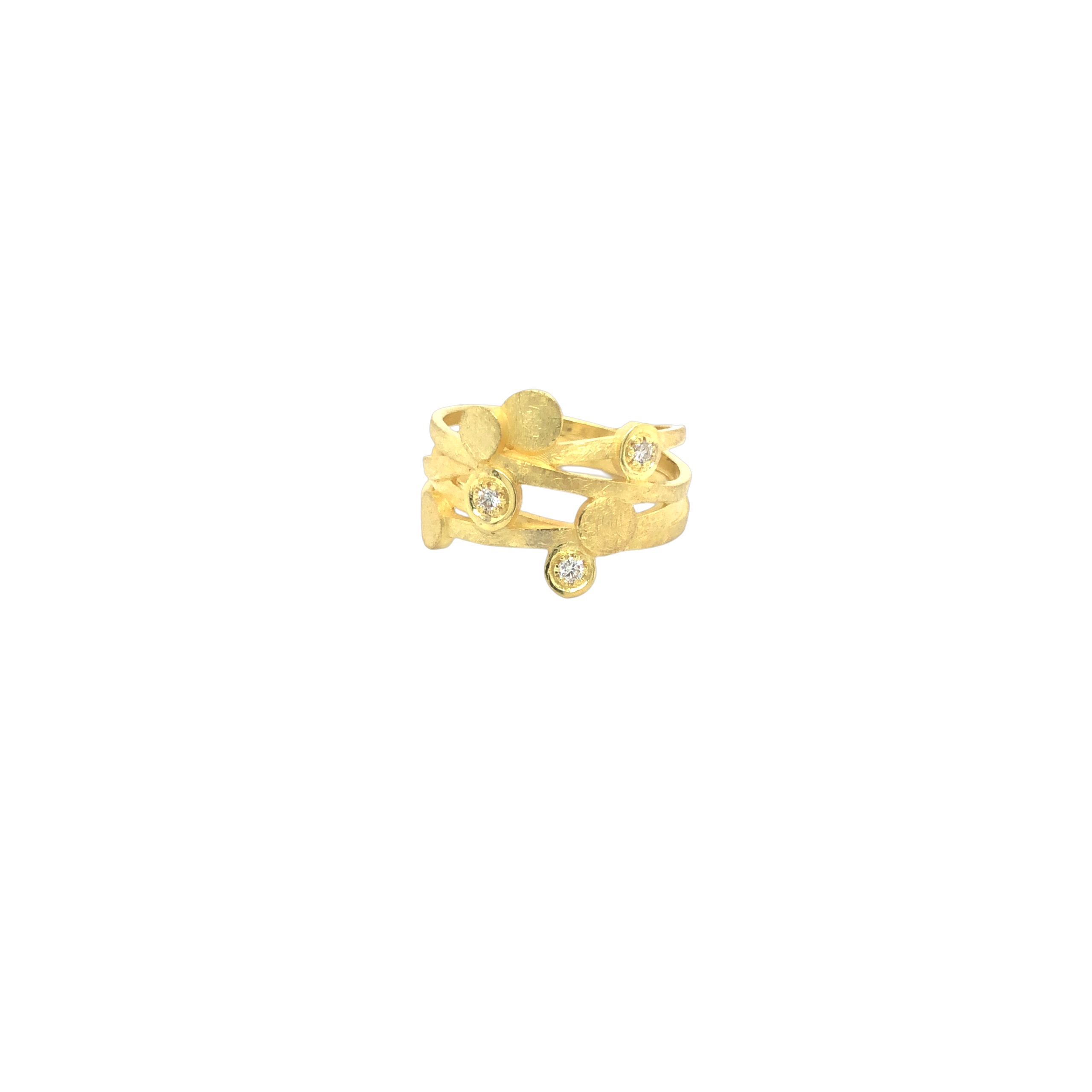 Bänderring in Gelbgold 750, 3 Brillanten, Größe 54Dieser exquisite goldene Ring ist ein wahres Meisterwerk der Schmuckkunst. Mit funkelnden Diamanten, die kunstvoll in das Design integriert sind, verleiht er jedem Outfit einen Hauch von Eleganz und Glamour. Perfekt für besondere Anlässe oder als tägliches Statement-Stück.