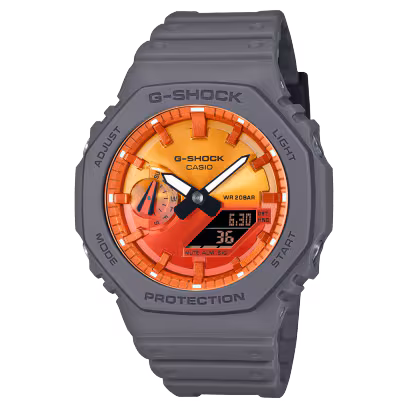 Vurige en gedurfde G-SHOCK-horloges met vlammen van ontzagwekkende kleur.
Bij G-SHOCK draait alles om uitdagingen aan gaan, en de levendige kleurgradatie van de Flame Inside-lijn zet deze passie in het middelpunt.

Kies je favoriete look - de GA-2100FL-1A met levendige blauwe wijzerplaat en grijs-op-zwarte behuizing, die de heetste vlammen van overtuiging voorstelt tegen opstijgende witte rookpluimen; of de GA-2100FL-8A met fel oranje wijzerplaat en zwart-op-grijze behuizing, die vlammen van vurige passie oproept tegen een donkere rokerige achtergrond.