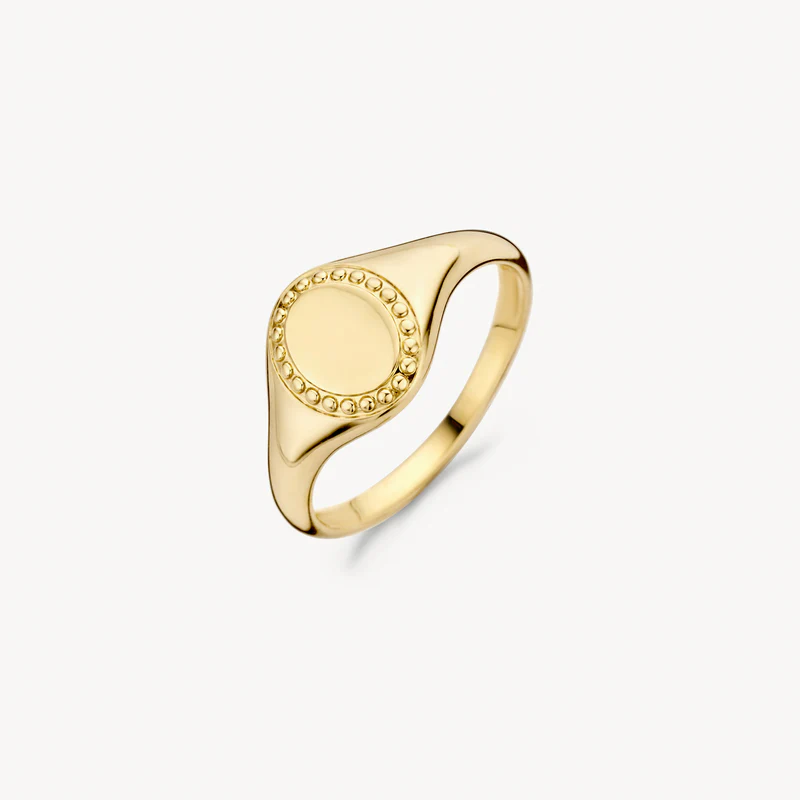 Deze tijdloze zegelring van 14k geelgoud heeft een bijzonder bolletjesmotief. De band heeft een doorsnede van 2,1 mm en de zegel een grootte van 8,5 bij 10 mm. Prachtig om op zichzelf te dragen of met andere ringen uit onze collectie.