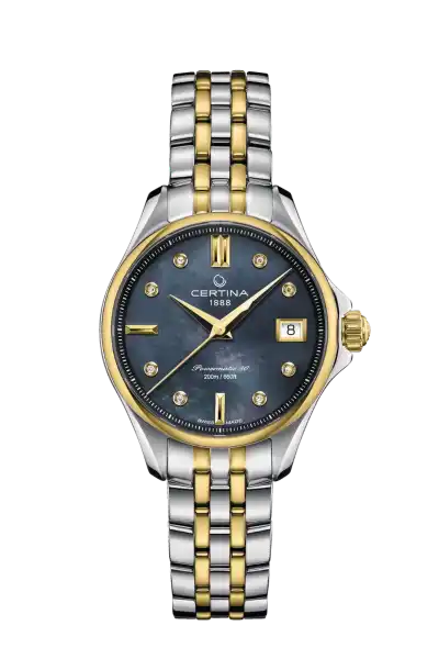 Certina DS Action dameshorloge automaat met een bicolor stalen band en diamant op de wijzerplaat. Het horloge heeft een vouwsluiting en 80 uur gangreserve.