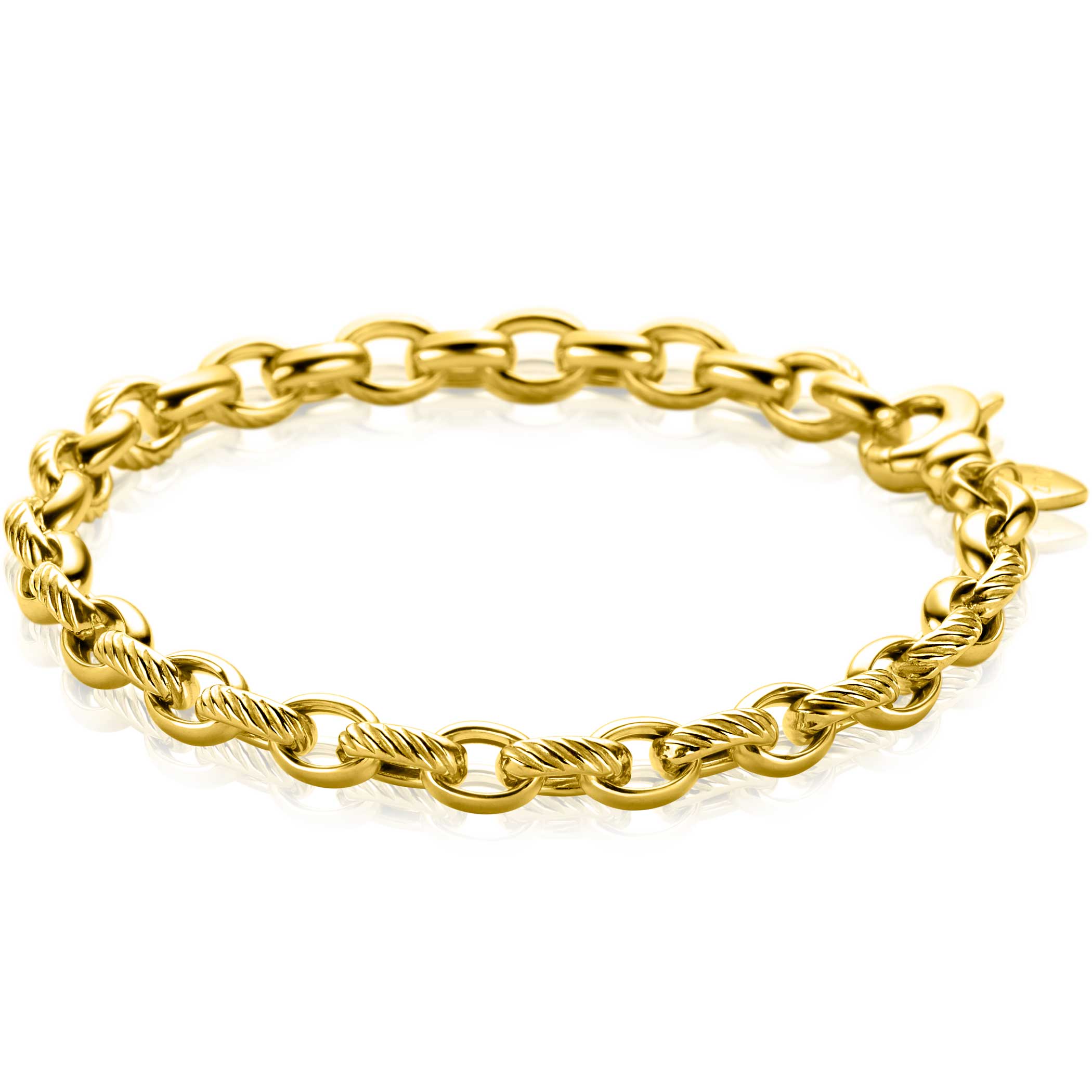 ZINZI gold plated zilveren brede schakelarmband (6mm breed) met luxe jasseron schakels in glad en bewerkt. De lengte van de armband is 20cm. Met stevige en gemakkelijke karabijnsluiting. Vervaardigd van eerste gehalte zilver (925) en extra geel verguld.