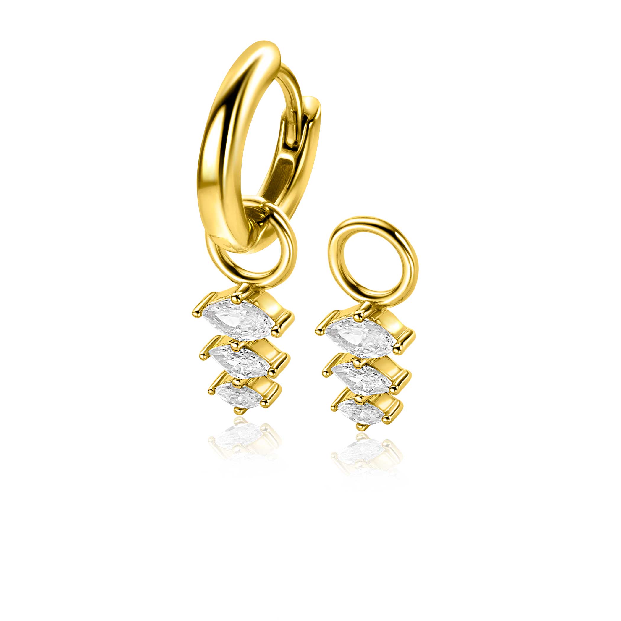 ZINZI gold plated zilveren oorbedels (13mm) met drie peervormige zettingen in aflopende grootte, bezet met witte zirconia's. Hang deze oorbedels sierlijk aan je ZINZI oorringen. De oorringen zijn niet bij de prijs inbegrepen. Vervaardigd van eerste gehalte zilver (925) en extra geel verguld.