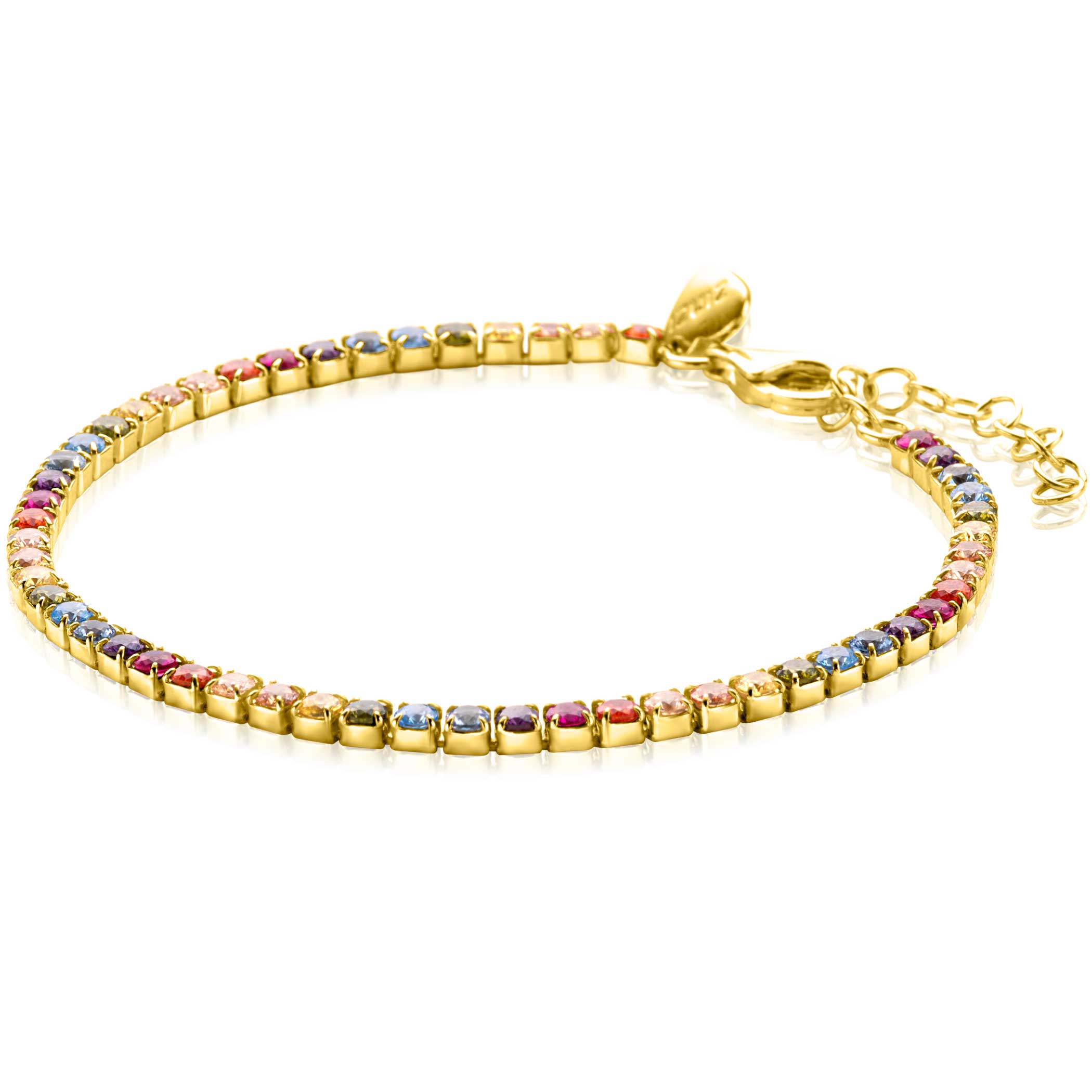 Zilveren gold plated armband met regenboog kleurstenen. verstelbaar in lengte 17-20cm