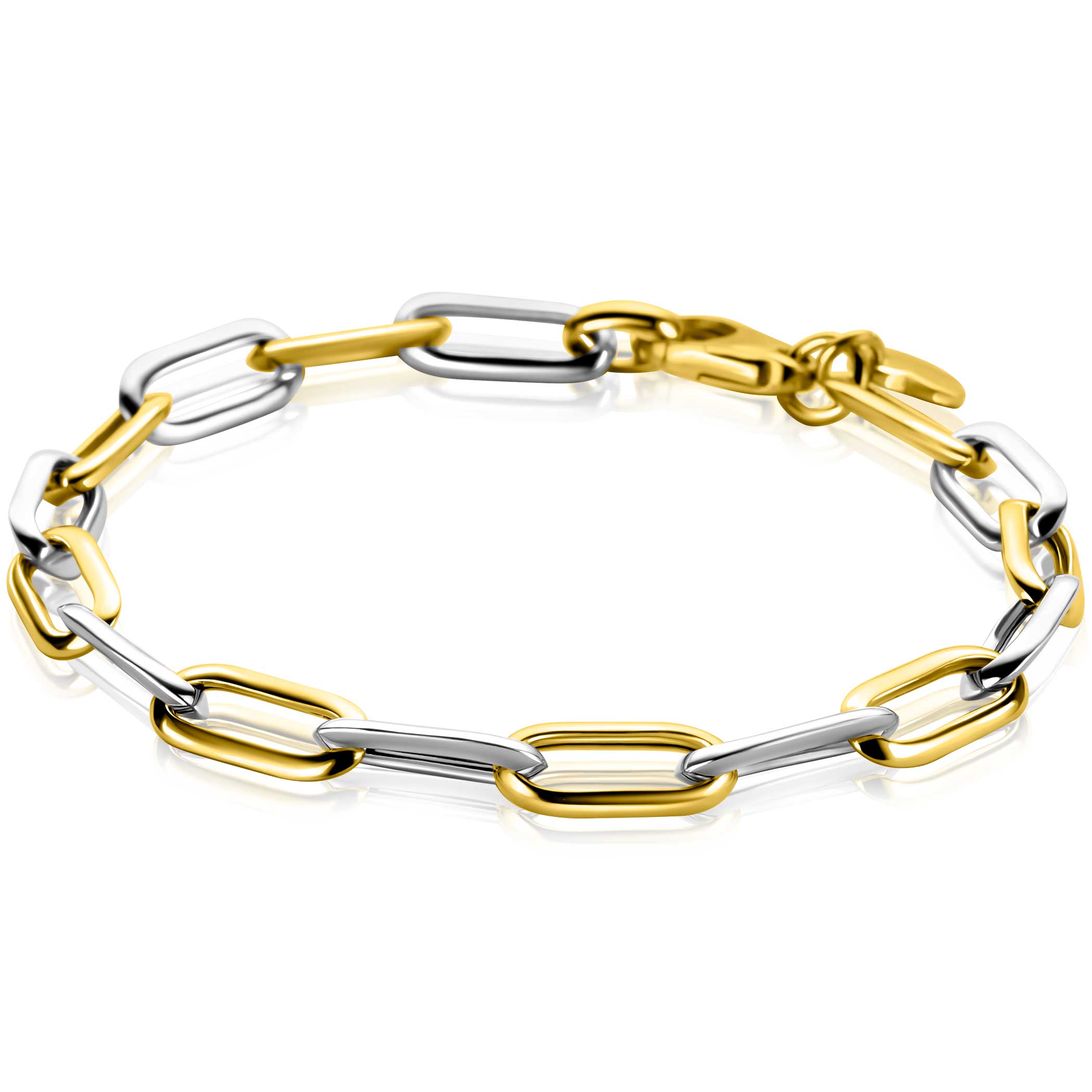 ZINZI bicolor zilveren ovale schakelarmband van 6mm breed. De lengte van de armband is 20cm. Combineer de armband met de bijpassende ketting en maak gemakkelijk een chique look. De ketting is vervaardigd van eerste gehalte zilver (925) en extra geel verguld.