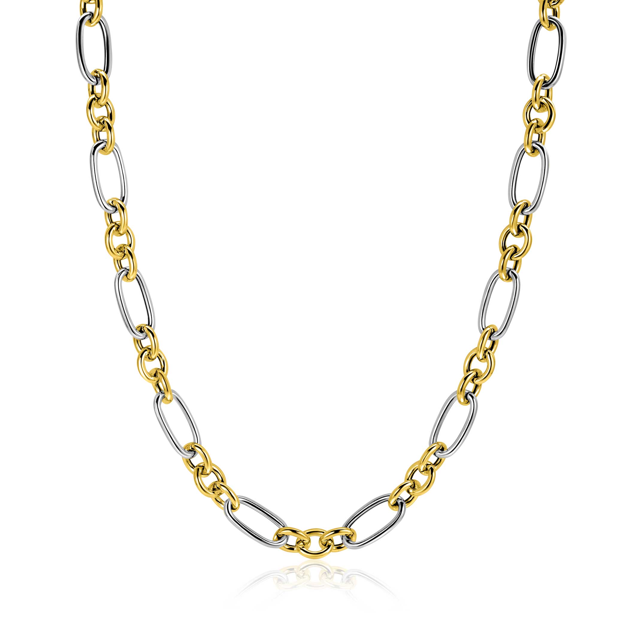 ZINZI bicolor schakelketting met gold plated zilveren jasseron schakels en zilveren ovale schakels 7mm breed. Combineer de ketting met de bijpassende armband en maak gemakkelijk een chique look. De lengte van de ketting is 45cm. De ketting is vervaardigd van eerste gehalte zilver (925) en extra geel verguld.