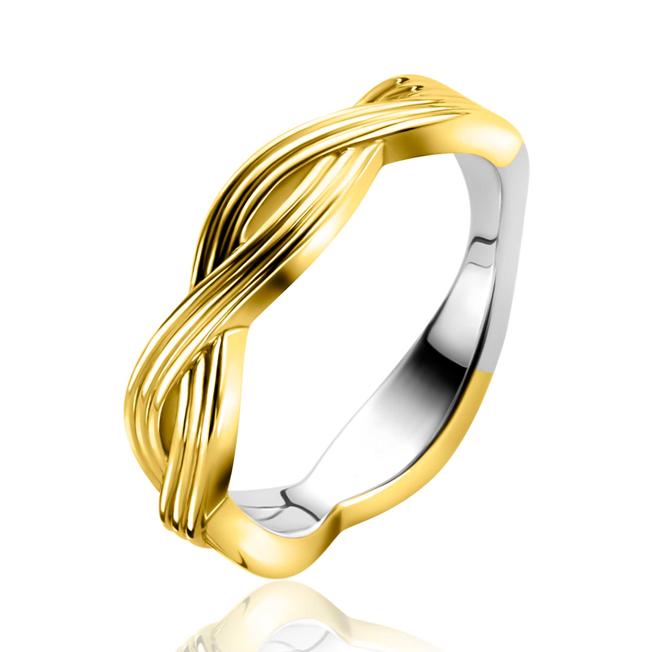 ZINZI gold plated zilveren ring (5mm breed) met een gevlochten Infinity teken in lijnen motief. Vervaardigd van eerste gehalte zilver (925) en extra geel verguld.