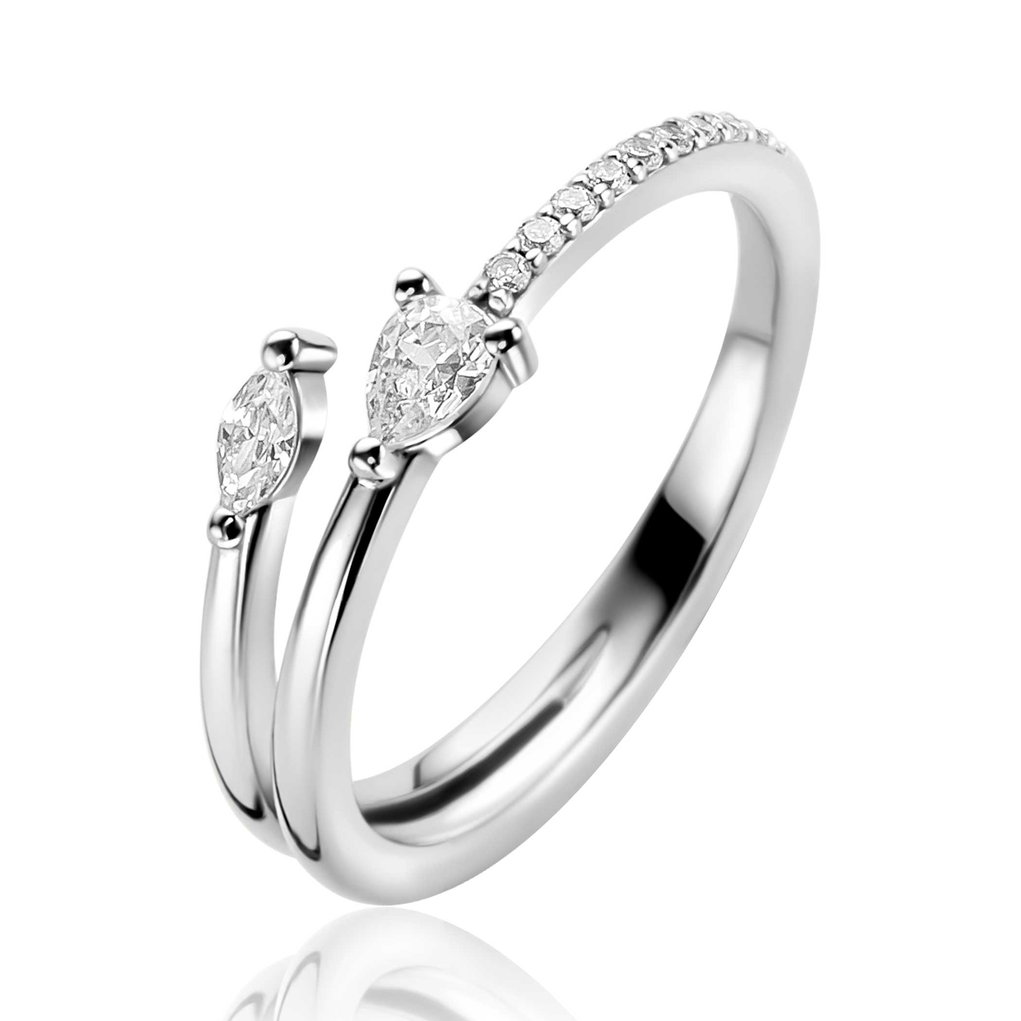 ZINZI zilveren multi-look ring (4mm breed) met een peervormige en ovale witte zirkonia. Maak je look compleet met de bijpassende oorknopjes. Vervaardig van eerste gehalte zilver (925) en met extra rodiumlaag voor een langdurige glans.