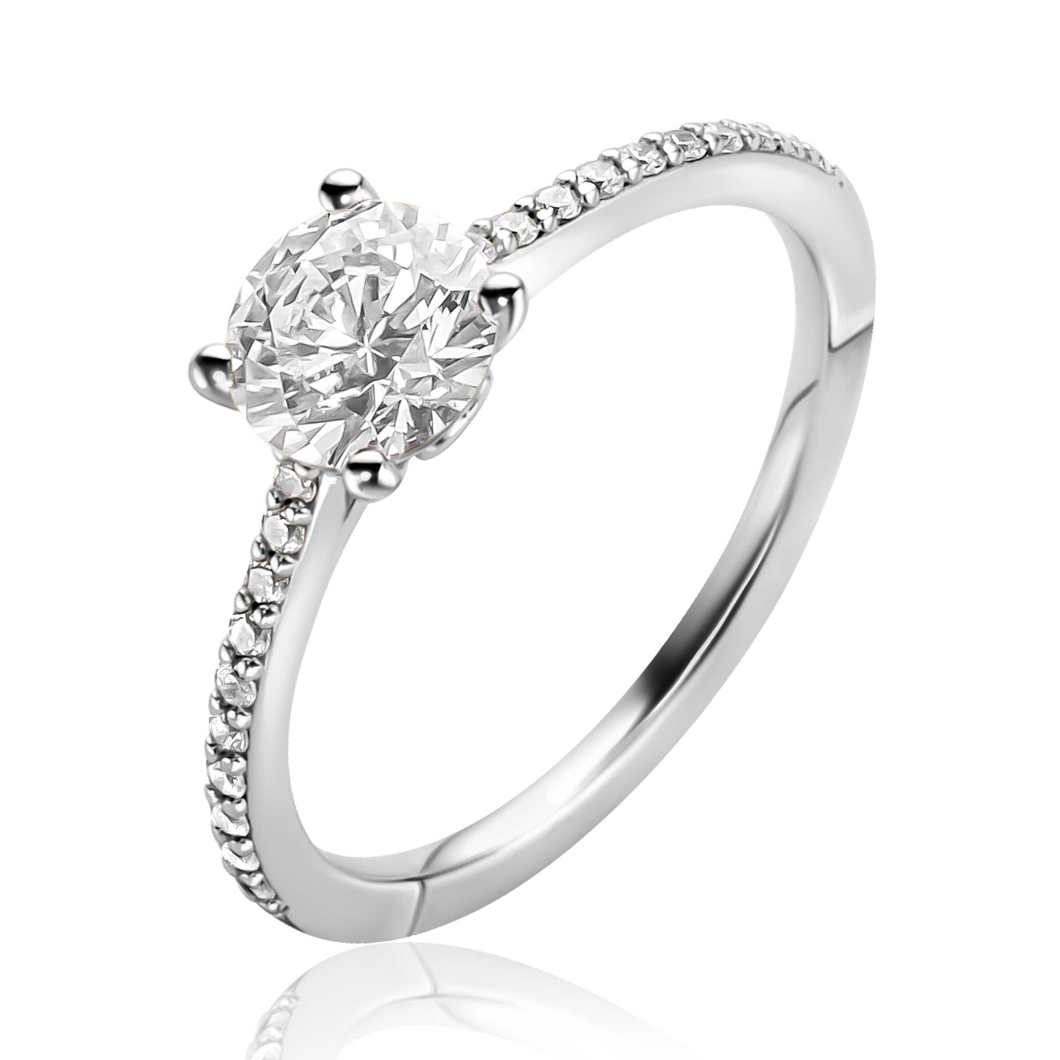 ZINZI zilveren verlovingsring met een grote ronde witte zirkonia (6,5mm) in vierpootszetting in het midden en kleine witte zirkonia's in de scheen. Leuk detail: het kleine hartje aan de zijkant van de zetting. Vervaardigd van eerste gehalte zilver (925) en met extra rodiumlaag voor een langdurige glans.