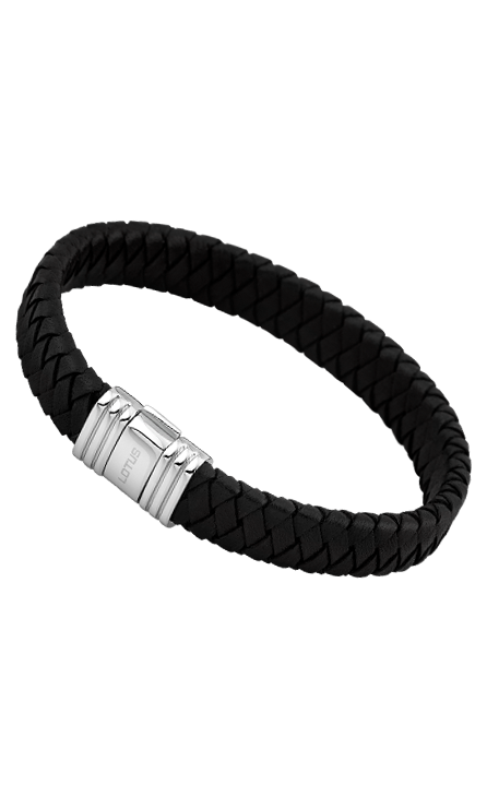 Heren armband staal Lotus zwart leder