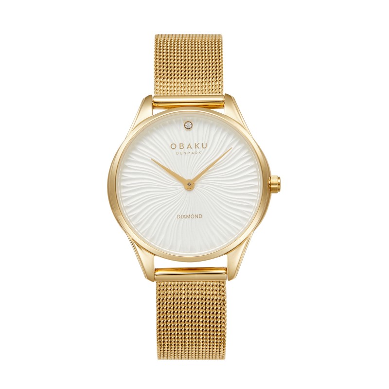 Obaku Dames Horloge Smykke Gold V297LXGIMG is een elegant horloge met een goudkleurige Milanese mesh band en een ronde, metalen kast. Het heeft een witte wijzerplaat zonder index en functioneert met analoge quartzbeweging. Het horloge is nikkelvrij en heeft een waterdichtheidsniveau van 3ATM. Ideaal voor formele gelegenheden. Draag het stijlvol bij zakelijke outfits of avondkleding.