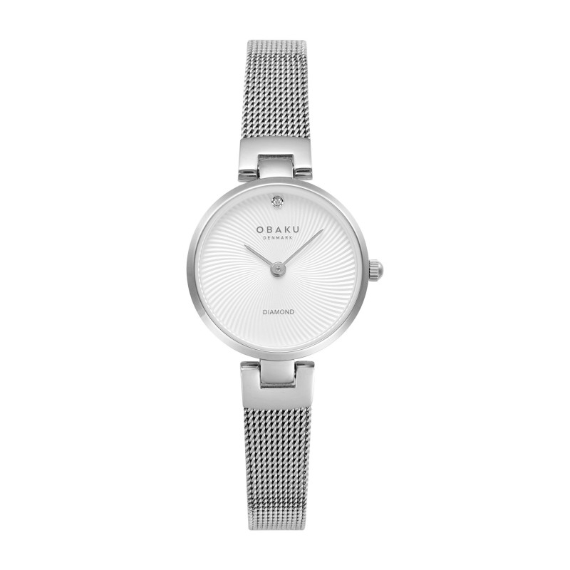 Obaku Diamant Petite Steel Dames Horloge is een elegant roestvrijstalen polshorloge met een zilveren Milanese mesh band en een witte wijzerplaat. Het heeft een analoge quartzbeweging, is nikkelvrij en heeft mineraalglas. Het horloge is waterbestendig tot 3 ATM. Perfect om dagelijks te dragen bij zowel casual als formele outfits.