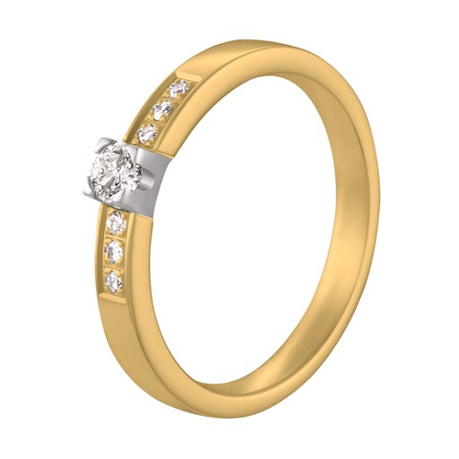 14k geelgouden ring, van het merk Aller Spanninga, met 7 diamanten. De midden steen is 0.07crt, gezet in een witgouden chaten met vier zetpoten. De 6 zijstenen zijn elk 0.01crt.