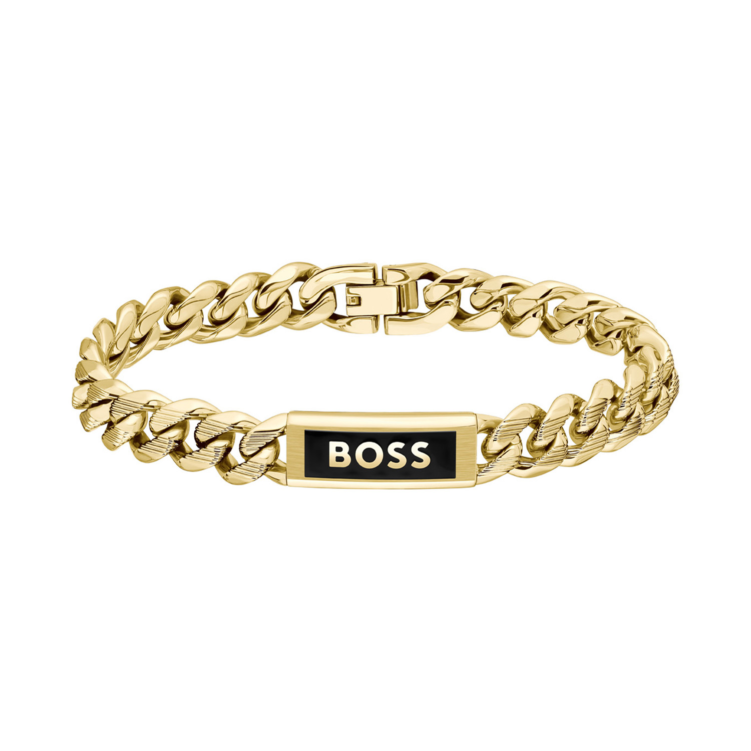 BOSS JEWELS HBJ1580680M KASSY EMBLEB Mannen Armband 19cm
Deze armband van BOSS uit de KASSY EMBLEB serie met artikelnr. HBJ1580680M is een stoer sieraad voor de echte BOSS klant. De stalen goudkleurige gourmet schakelarmband heeft een stalen plaatje in het midden met zwart emaille en daarin het BOSS logo. Deze herenarmband heeft een klepsluitig en een lengte van 19cm. Zeker goed te combineren met de bijpassende ketting en andere sieraden van BOSS. 

Het merk:
HUGO BOSS is afgestemd op levensstijlen waar het gaat om kwaliteit en precisie. Het wereldwijde fashionlabel is verdeeld in twee merken: BOSS en HUGO. Het merk BOSS biedt geavanceerde, moderne horloges gericht op kwaliteit en design om een onberispelijke look te creëren – of het nu zakelijk, casual of sportief is. Ontdek de nieuwe horlogecollectie die bewijst dat details echt het verschil maken.

Specificaties:
- Artikelnr: HBJ1580680M
- Plaatarmband
- Materiaal: Staal
- Goudkleurig
- Lengte: 19cm