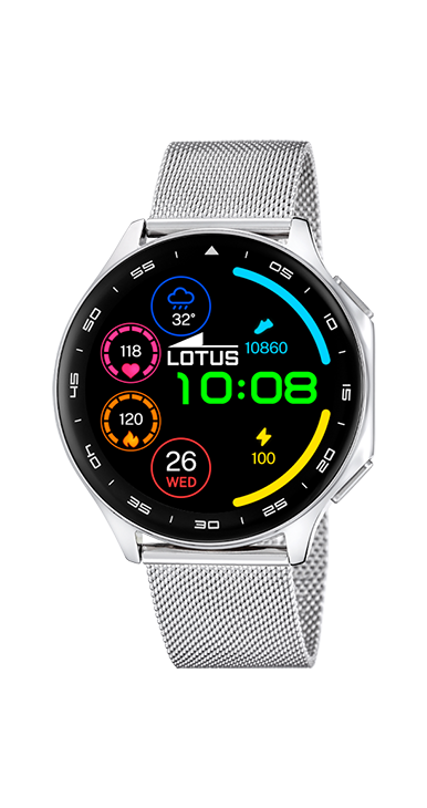 Smartwatch Lotus Smartime 50050/2 met kast van zinklegering, voorzien van stalen band en extra siliconen band.
Nieuwe Lotus Smartwatch met een 1,43" Amoled-scherm, Bluetooth 5.3-connectiviteit, opslag van 500 muziekbestanden en MP4-video's, supersnel opladen tot 10 dagen, IP65-waterbestendigheid en een kastdiameter van 46,7 mm..
