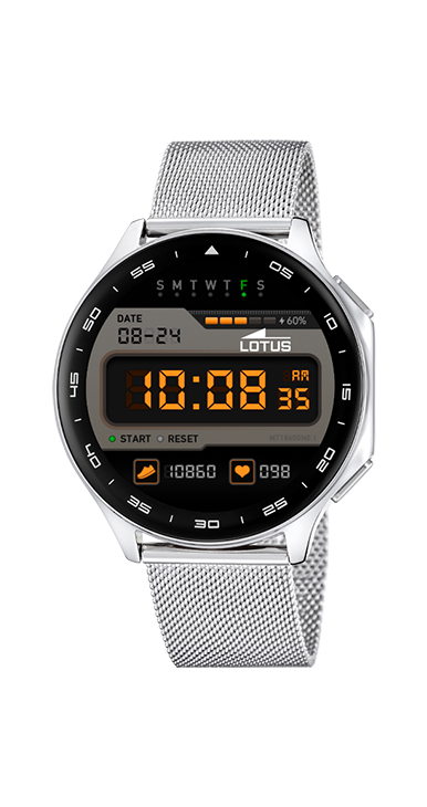 Smartwatch Lotus Smartime 50050/2 met kast van zinklegering, voorzien van stalen band en extra siliconen band.
Nieuwe Lotus Smartwatch met een 1,43" Amoled-scherm, Bluetooth 5.3-connectiviteit, opslag van 500 muziekbestanden en MP4-video's, supersnel opladen tot 10 dagen, IP65-waterbestendigheid en een kastdiameter van 46,7 mm..