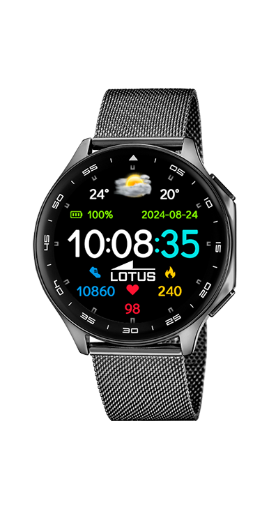 Smartwatch Lotus Smartime 50050/2 met kast van zinklegering, voorzien van stalen band en extra siliconen band.
Nieuwe Lotus Smartwatch met een 1,43" Amoled-scherm, Bluetooth 5.3-connectiviteit, opslag van 500 muziekbestanden en MP4-video's, supersnel opladen tot 10 dagen, IP65-waterbestendigheid en een kastdiameter van 46,7 mm..