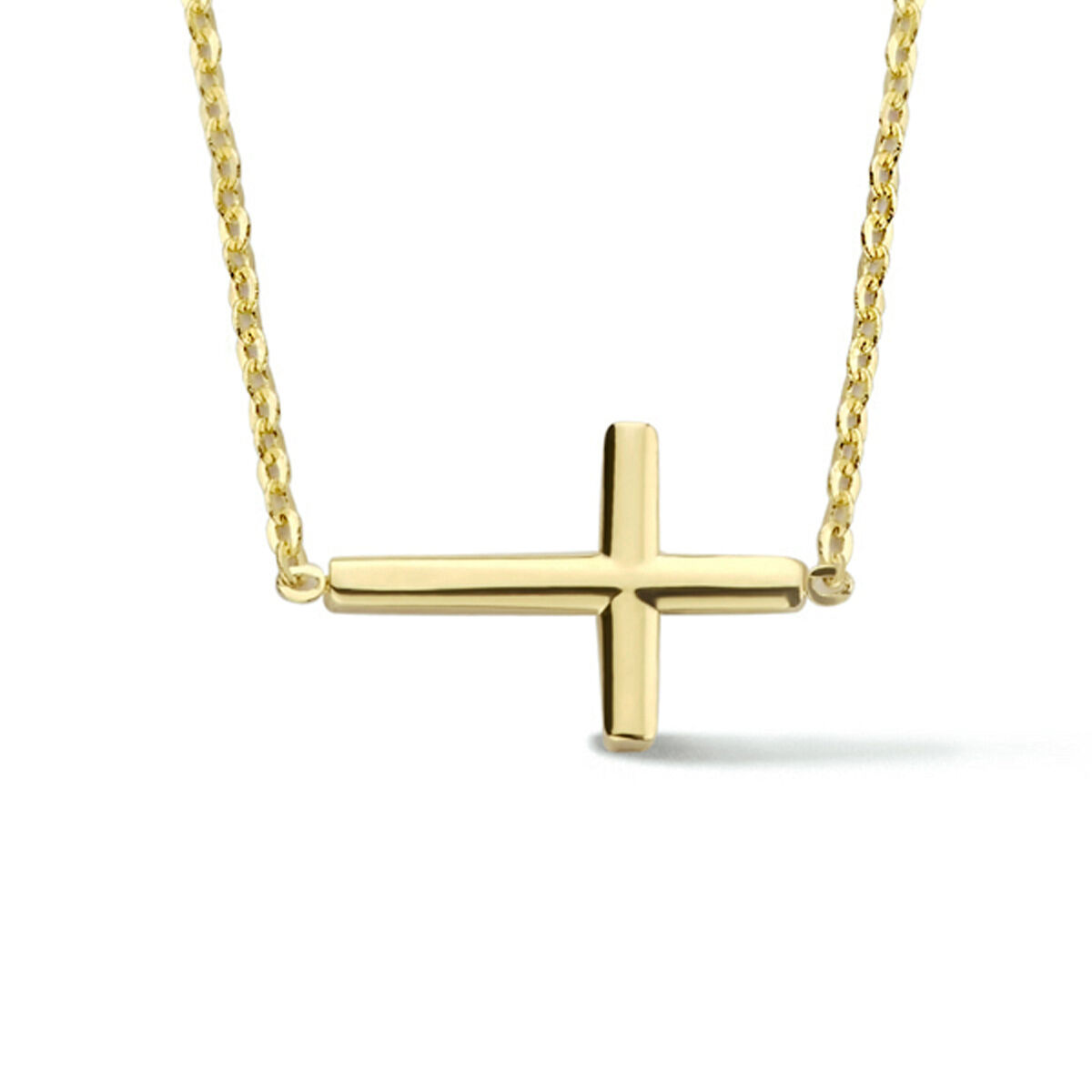 14k Geelgouden collier uitgevoerd met een hanger in de vorm van een kruis. Het collier heeft een draaglengte van 42cm met een extensie van 3cm.