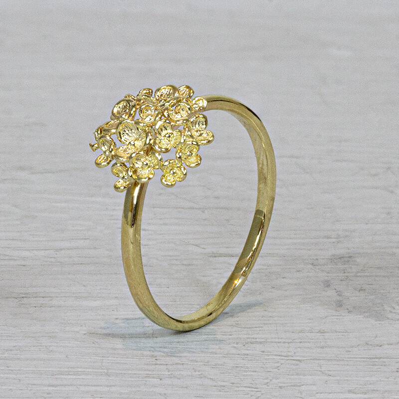 Ring uit de goud collectie van Jeh Jewels, gemaakt van 14 karaat goud. Op de bovenkant van de ring zit een bloem van bloesem. De gouden sieradenlijn van Jéh is gemaakt van 14 karaats goud. Dit karaatgehalte wordt in Nederland het meest gebruikt, vanwege de hardheid en de kleur. Puur goud is te zacht om draagbare sieraden van te maken, daarom worden er bij metalen gebruikt. Vaak wordt er zilver en koper gebruikt zodat je kunt blijven spreken van 'edele metalen'. Bij 14 karaat goud zijn er van de 1000 delen, 585 delen puur goud. De overige 415 delen bestaan dus uit de overige metalen. Prijswijzigingen voorbehouden!