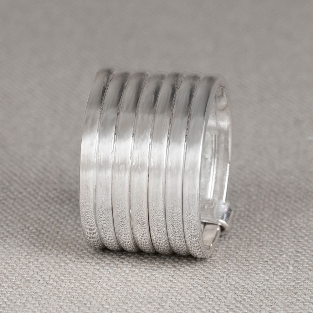 Ring gemaakt van 925 sterling zilver. Deze ring bestaat uit 7 losse ringetjes die bij elkaar worden gehouden door een platte band. Combineer met een mooi paar oorbellen, een collier en armband voor een complete look!