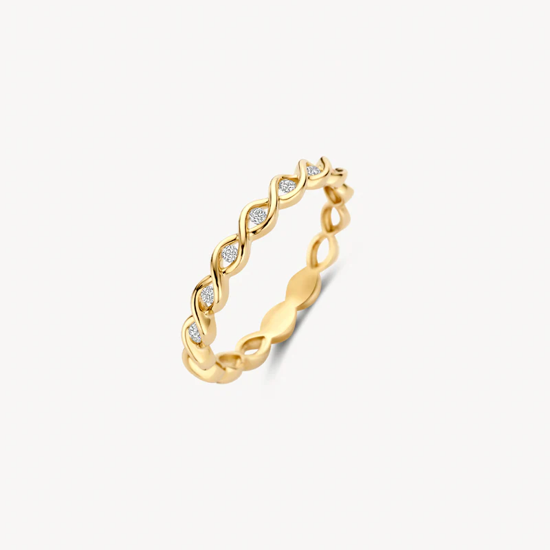 Schitterend zirkonia in een gevlochten railzetting maken deze 14k geelgouden ring tot een stijlvolle eyecatcher. De band heeft een doorsnede van 2,6 mm en de ring is prachtig te combineren met andere (aanschuif)ringen uit onze collectie.