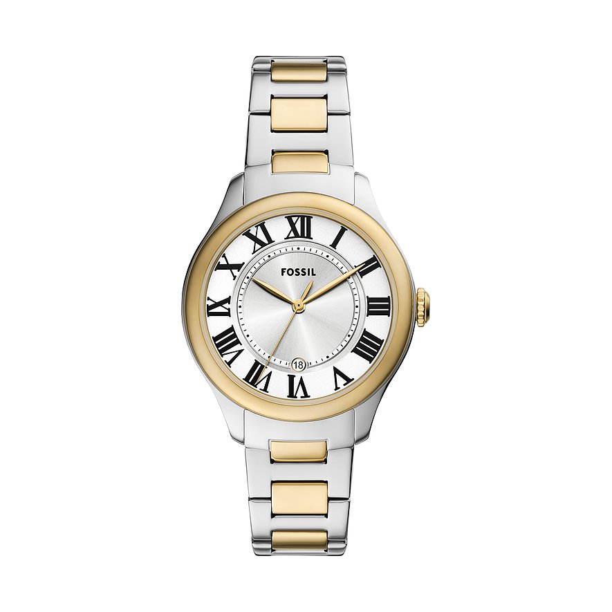 De Fossil horloge ES5396 is een elegante polshorloge met een roestvrijstalen kast en band in goud-zilver kleur. Het horloge heeft een zilverkleurige wijzerplaat met romeinse cijfers en een datumaanduiding. Het is waterbestendig tot 5 ATM en heeft een mineraal glas. Dit horloge past perfect bij formele en casual outfits. Draag het met vertrouwen, nikkelvrij en antiallergisch.