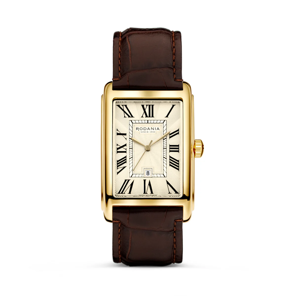 De Rodania Vevey R32003 is een elegante herenhorloge met een rechthoekige roestvrijstalen kast in ros&eacute;goud, saffierglas, Zwitserse quartz uurwerk, en een bruine leren band. Met zijn Romeinse cijferindex, datumaanduiding en waterbestendigheid tot 5 ATM, is deze klassieke horloge ideaal voor formele gelegenheden of dagelijks zakelijk gebruik. Perfect te dragen bij een stijlvol pak.