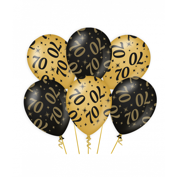 Deze goud/zwarte ballon met 70 is gemaakt van natuurlijk latex en door het unieke kleurgebruik zijn deze luxe ballonnen een echte eyecatcher. De Classy party balloons zijn 30 bij 30 centimeter en ze zijn te bestellen per 6