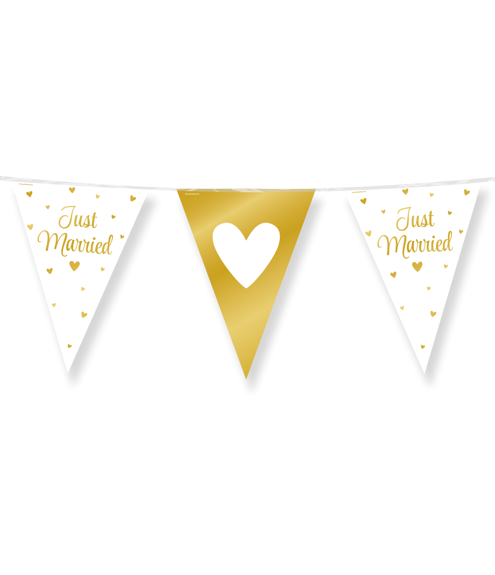 Een feestje ter ere van een huwelijk kan niet zonder vlaggetjes en als je deze party flags foil just married koopt dan haal je direct een vlaggenlijn met een uniek thema in huis! De vlaggetjes zijn gemaakt van folie en de vlaggenlijn is 10 meter lang.