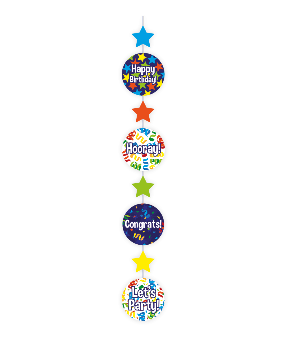 Een feestje kan niet zonder deze hanging decorations en deze met opdruk Happy birthday (cartoon) maakt het feestje echt af! De hanging decorations zijn gemaakt van plastic, zijn 120 centimeter lang en hebben een diameter van 15 centimeter.