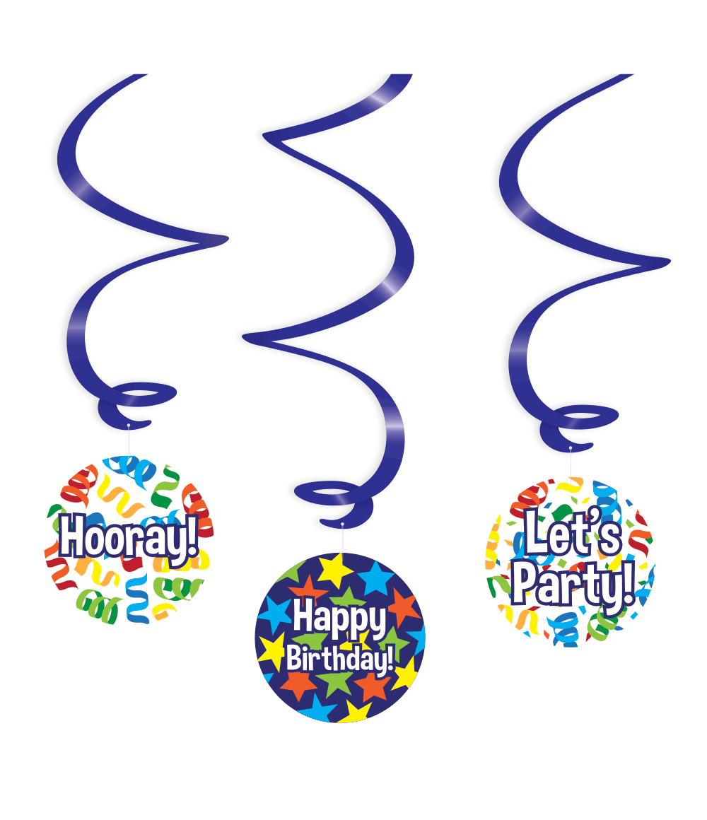 Een feestje kan niet zonder deze kleurrijke swirl decorations en deze met opdruk Happy birthday (cartoon) maakt het feestje echt af! Deze unieke swirls zijn gemaakt van plastic en papier en zijn ongeveer 70 centimeter lang.