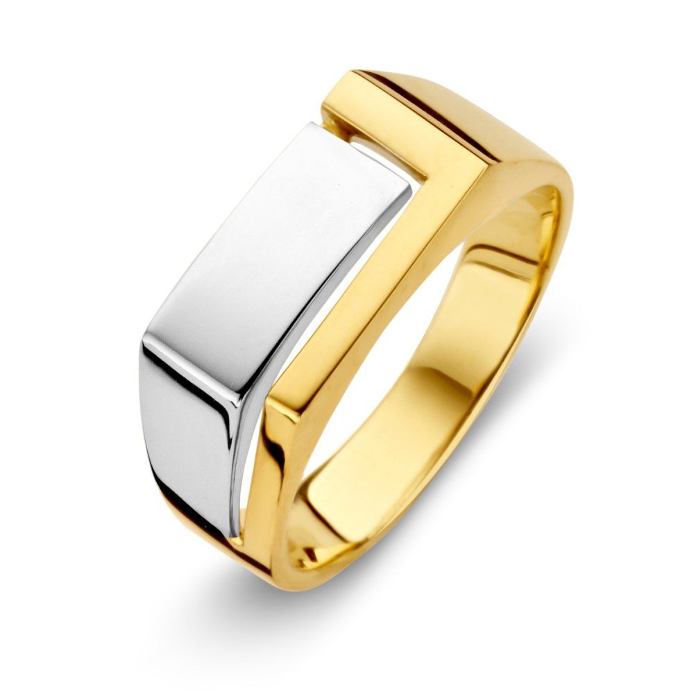 Bicolor wit- en geelgouden herenring.
