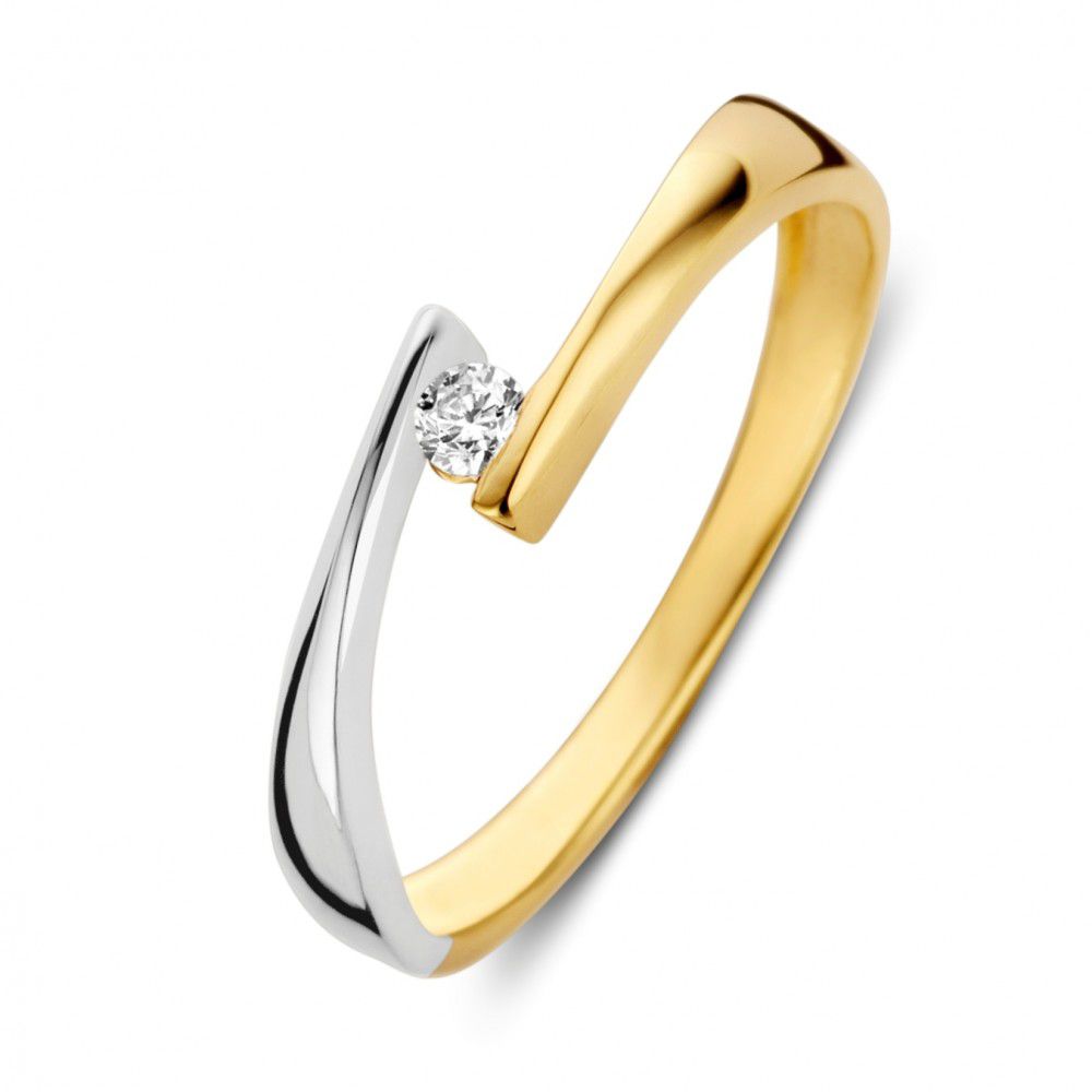 Bicolor wit- en geelgouden ring met één zirkonia.
