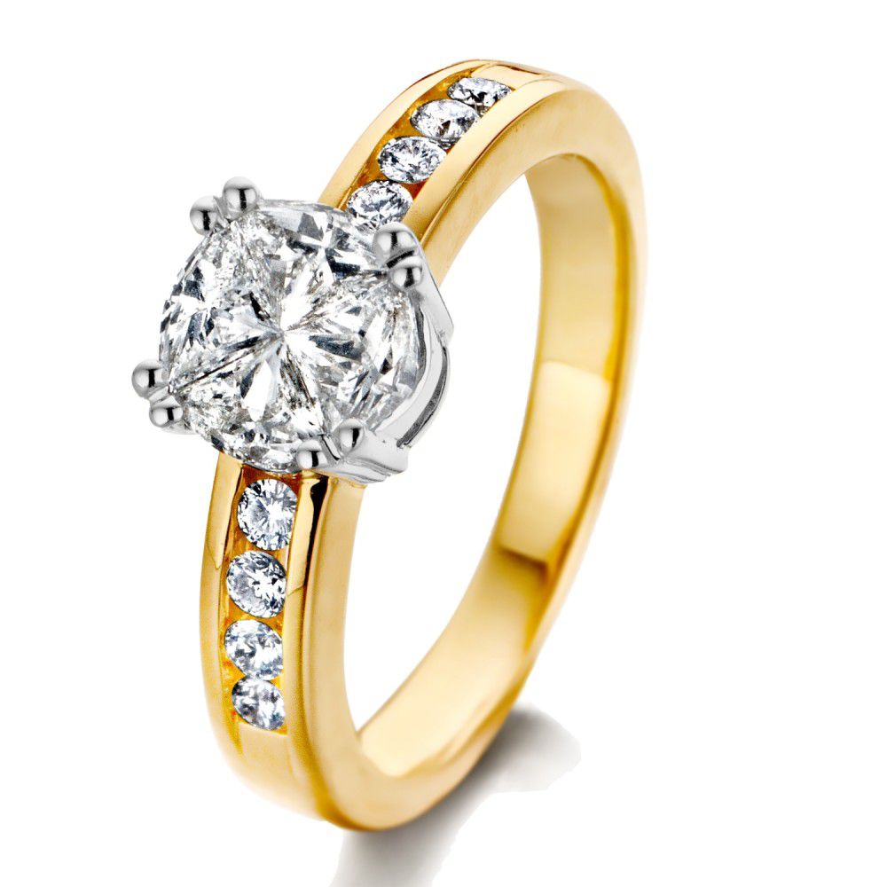 Bicolor gouden damesring met diamant in bijzondere illusion zetting.
